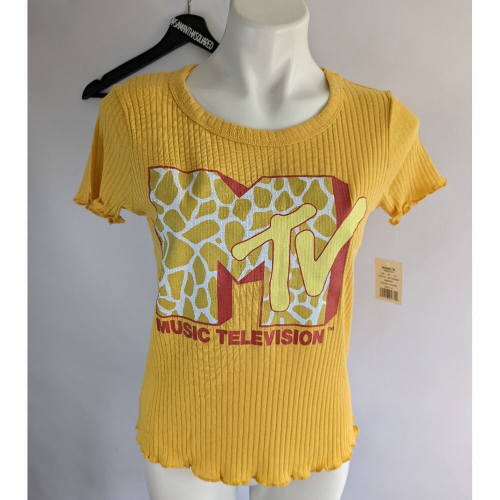 MTV Ribbed Mustard Short Sleeves Babydoll Graphic Tee Sz Medium New